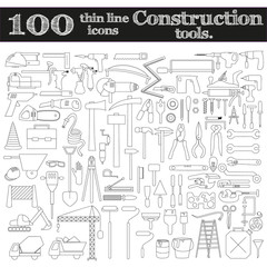Construction icons - drill, perforator and other tools. Set of 100 objects.