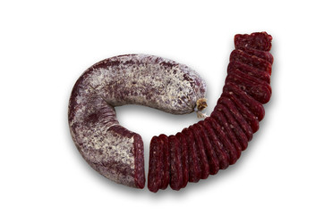 Slices of Bulgarian flat dry salami - sudzhuk.
