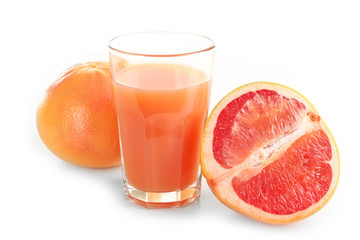 Fototapeta na wymiar Citrus juice and fresh fruits isolated on white