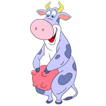 cute funny and happy cartoon cow with a big udder
