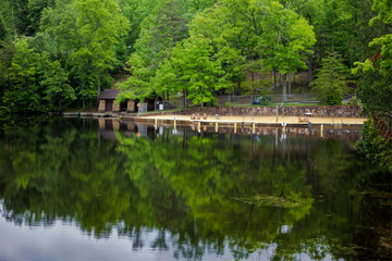 Tennessee Mountain Lake. Appalachian Mountain lake with public beach, boathouse and docks at Pickett State Park in Jamestown, Tennessee.