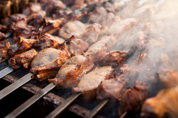 beef and pork steak bbq on the grill