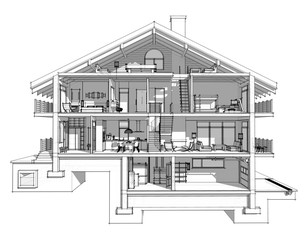 3d section of a country house