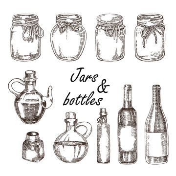 Hand drawn jars and bottles. Vector illustration in sketch style