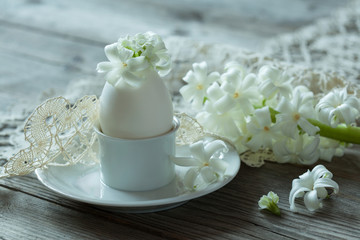Obraz na płótnie Canvas Egg in the stand and white flowers Hyacinths
