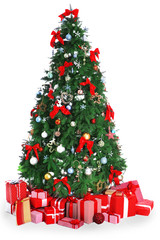 Christmas fir tree with gifts, isolated on white