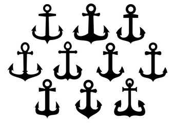 Black silhouettes of vintage nautical anchors