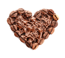 Chocolate heart with coffee beans, isolated on white