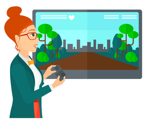 Woman playing video game.