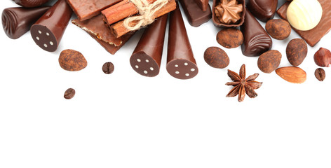 Assorted chocolate candies, isolated on white