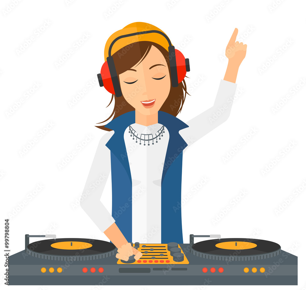 Poster smiling dj with console.