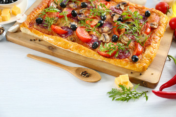 Rectangle delicious pizza on the table