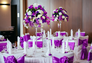 Table set for wedding or another catered event dinner.