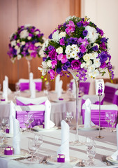 Table set for wedding or another catered event dinner.