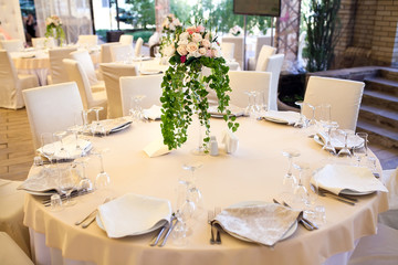 Table set for wedding or another catered event dinner.