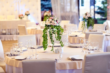 Table set for wedding or another catered event dinner.