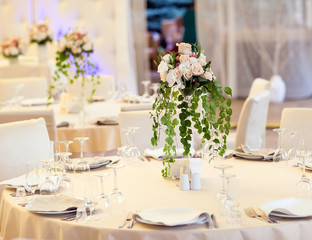 Table set for wedding or another catered event dinner.