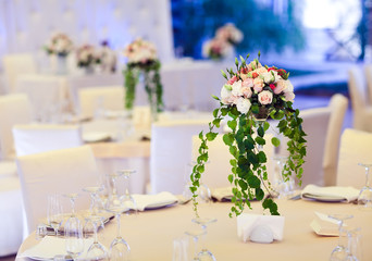 Table set for wedding or another catered event dinner.