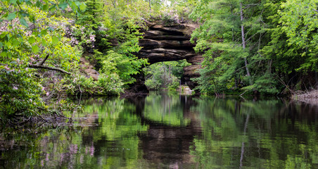 Tennessee Panorama. Natural arch formation surrounded by beautiful mountain laurel reflected in a...