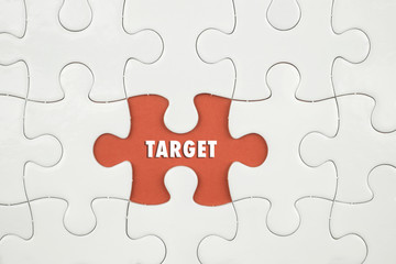 Fototapeta premium Jigsaw puzzle on color paper background with a word TARGET
