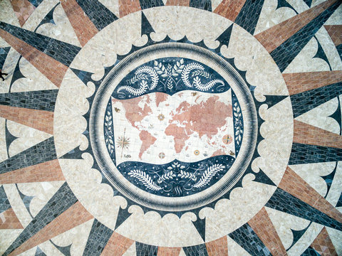 Top View of the Mosaic World Map showing the discoveries and routes in 15th 16th centuries at Monument of the Discoveries, Lisbon, Portugal