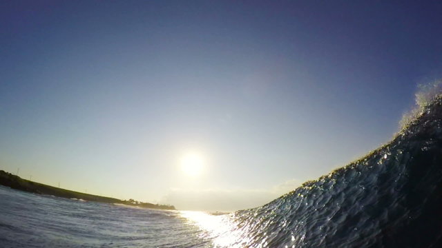 POV Man Surfing Ocean Wave, Extreme Sport HD Slow Motion. Surfer on Blue Ocean Wave Getting Barreled