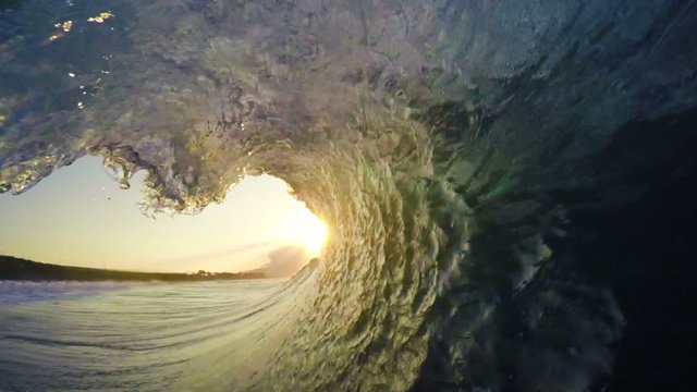 POV Man Surfing Ocean Wave, Extreme Sport HD Slow Motion. Surfer on Blue Ocean Wave Getting Barreled