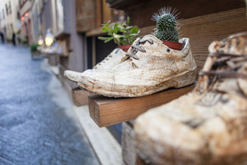 Worn Shoe Flower Pots Covered in Torn Newspaper Pieces on Blurred Italian Street Background