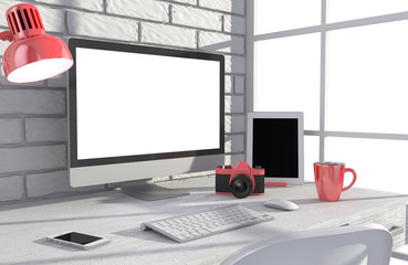 Fototapeta premium 3D illustration PC screen on table in office, Workspace