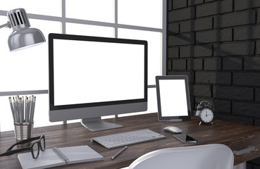 Fototapeta premium 3D illustration PC screen on table in office, Workspace