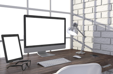 Fototapeta premium 3D illustration PC screen on table in office, Workspace