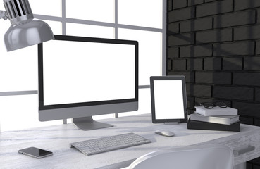 Fototapeta premium 3D illustration PC screen on table in office, Workspace