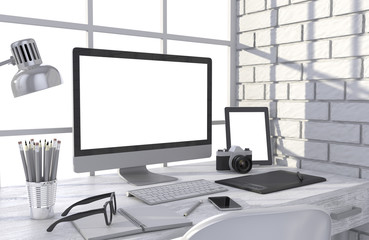 3D illustration PC screen on table in office, Workspace