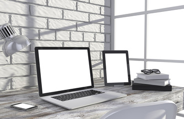 Fototapeta premium 3D illustration laptop and work stuff on table near brick wall, Workspace
