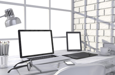 3D illustration laptop and work stuff on table near brick wall, Workspace