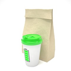 Coffee to go and lunch bag, on white.