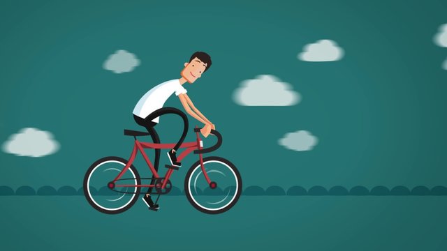 CGI cartoon man riding a bicycle on the road. Outdoors, fitness.