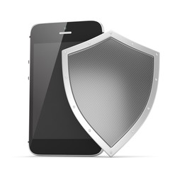 Smartphone and shield on white, security concept