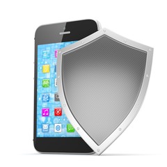 Smartphone and shield on white, security concept