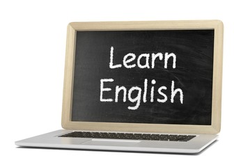  Laptop with chalkboard, learn english, online education concept