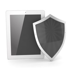 Tablet PC and shield on white device security concept