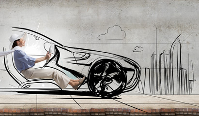 Woman in drawn car