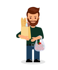 Male with shopping. Isolated character of a man with a bag of groceries