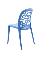 Blue Plastic Cafe Chair on White Background, Back Three Quarter View