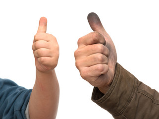 dirty man's hand with a child's hand on a white background