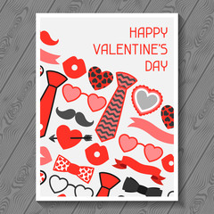 Happy valentines day greeting card. Hipster objects and love holiday symbols.