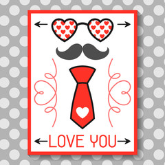 Happy valentines day greeting card. Hipster objects and love holiday symbols.