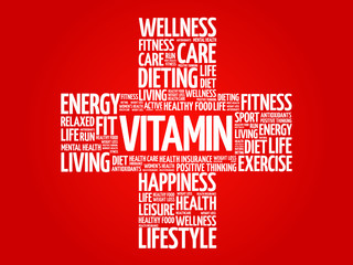 VITAMIN word cloud, health cross concept