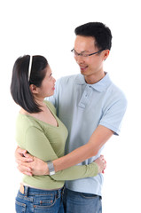 Fototapeta premium Happy young Asian couple isolated in home background.