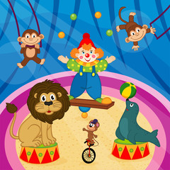 Fototapeta premium arena in circus with animals and clown - vector illustration, eps
